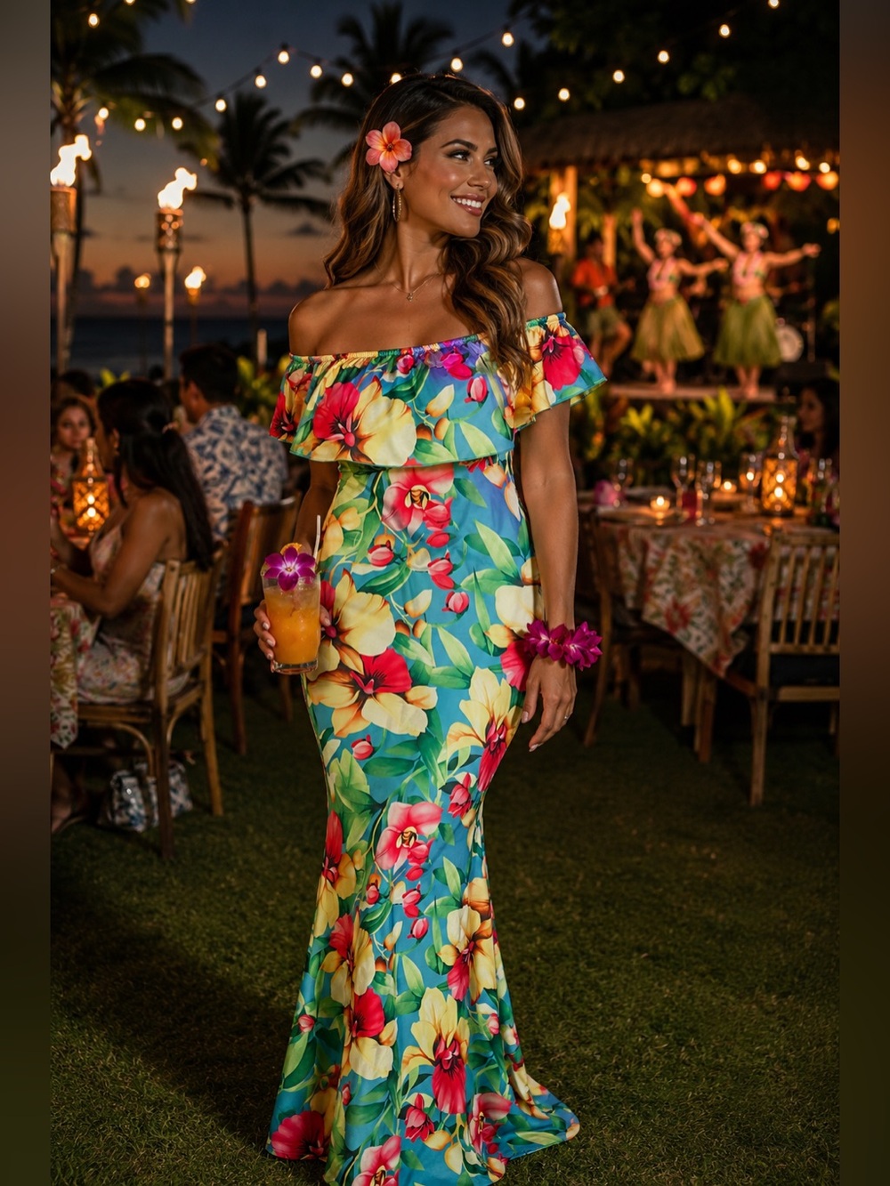 Off-Shoulder Tropical Floral Maxi Dress in Multi